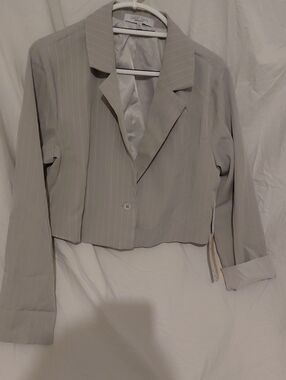 Sweet Rain Cropped Pinstripe Blazer - Light Gray